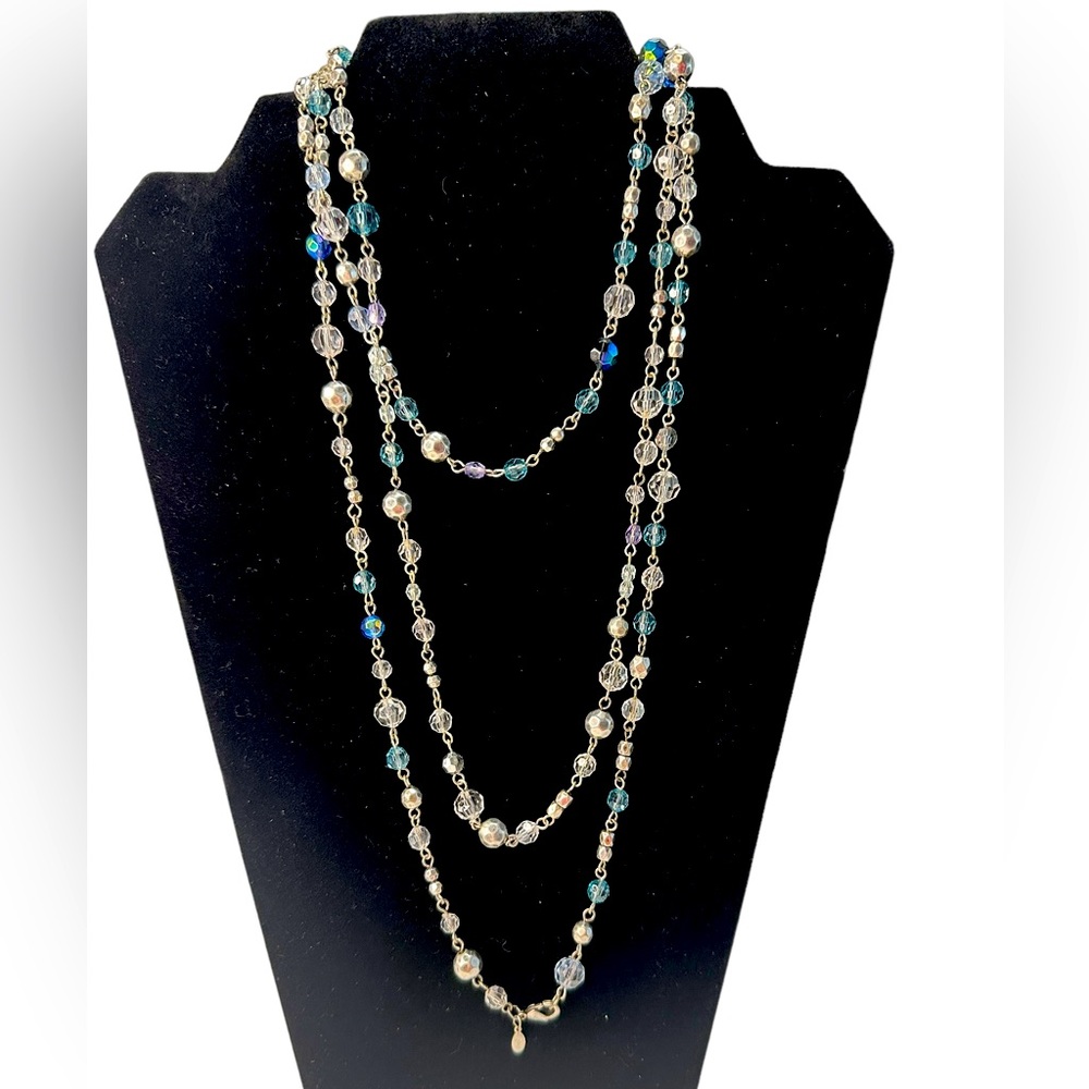 32. Primer Designs 60 inch shades of blue beaded necklace on silver tone chain